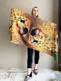 Gustav Klimt's Oil Painting Cashmere Scarf Women Spring Der Kuss Print Pashmina Shawl Ladies Autumn Wrap Designer Cape Blanket