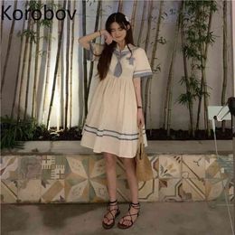 Korobov Korean Chic Retro A Line Dress High Wasit Hip Short Sleeve Vestido Contrast Colour Patchwork Slim Ropa Mujer 210430