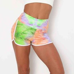 Fashion Tie-dye Gym Yoga Shorts Women Summer High Waist Workout Print Pantalones De Mujer High Elasticity Sport Pants Woman 210514