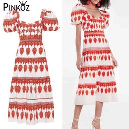 runway designer puff sleeve red tropical printed vintage retro french square collar summer party dinner dress for women 210421