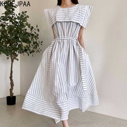 Korejpaa Women Dress Summer Korean Fashion Chic Elegant Striped Shawl Lapel High Waist Pleated Lace Big Swing Long Dresses 210526