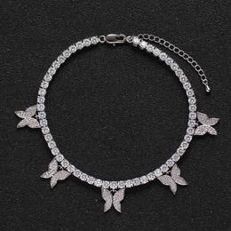 Women Iced Out Ankle Bracelets Butterfly Charm 4mm Cubic Zirconia Tennis Chain Anklet Gift for Girl Beach Hip Hop Feet Jewelry