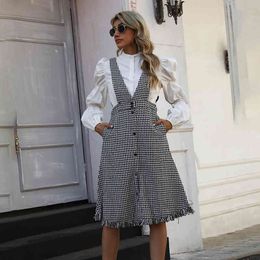Summer dresses for women casual Houndstooth Plaid strap ladies strap dress female vintage Mid-Calf Button dress High Street 210514