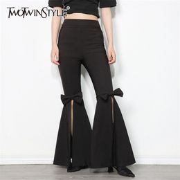 Black Patchwork Bowknot Pants For Women High Waist Slim Casual Flare Trouser Female Fashion Clothes Spring 210521