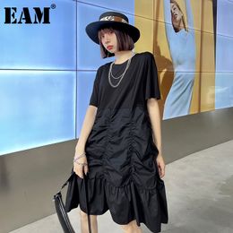 [EAM] Women Black Irregular Spliced Ruched Dress Round Neck Short Sleeve Loose Fit Fashion Spring Summer 1DD8576 21512