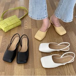 2021 Summer Women Yellow Sandals High Quality Square Toe Low Heel Casual Mules Slides Slip On Female Beach Slippers Sandal Y0714