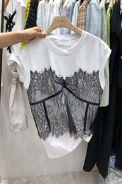 Summer Sweet Lace Patchwork O Neck Sleeveless T-shirt Women Slim All Match Top Casual Loose T-shirts 210615