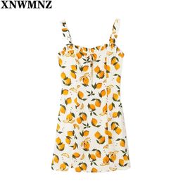 Women Summer Dress Lemon Print Chiffon Vestidos Retro Tank es Female Slim Sleeveless Backless Mini Strap 210520