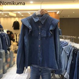 Nomikuma Spring Women Jeans Blouse Korean Ruffle Patchwork Long Sleeve Turn-down Collar Shirt Korean Demin Blusas 6F407 210427