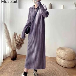 Zip-up Knitted Women Long Sweater Dress Autumn Winter Full Sleeve Turn-down Collar Straight Dresses Korean Fashion Loose Vestido 210513