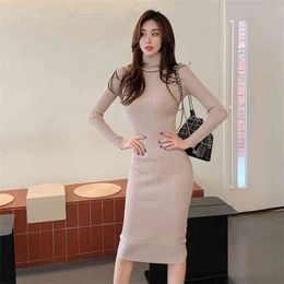 winter knitting korean ladies long SLeeve turtleneck neck causal office Sexy Party maxi Dress for women china clothing 210602