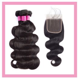 Brazilian Human Hair Extensions Body Wave 5*5 Lace Closure With Three Bundles Natural Color 10-28inch Virgin Hairs