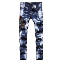 Men's Embroidery Slim Straight Stretch Denim Jeans Streetwear Tie and Dye Holes Ripped Pants Trousers G0104