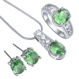 Earrings & Necklace Fashion Light Green CZ Crystal Jewelry Sets For Woman Wedding Oval Zircon Silver Color Engagement Ring Nec Gift