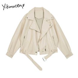 Yitimuceng Faux Leather Jacket Women Winter Fall Women Coats and Jackets Women Zipper Beige Black Womens Leather Jacket 210601