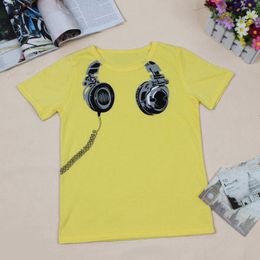 Headphone Boys T-Shirts Yellow Summer Short-Sleeve Children Tee Shirts Baby boy clothes 100% Cotton Tops 210413