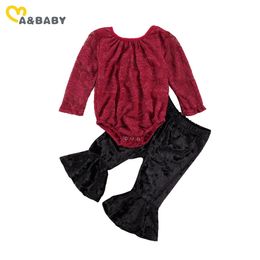 0-24M Autumn Infant born Baby Girl Clothes Set Red Lace Romper Velvet Flare Pants Outfits Cute BABY Clothing 210515