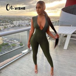 CNYISHE Deep V Neck Ribbed Long Jumpsuits Sleeveless Women Rompers Skinny Bodycon Fashion One Piece Streetwear Outfits Overalls 210419