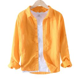 Cotton Linen Casual Long Sleeve Shirts for Men Basic Classic Orange Tops Summer Male Breathable Daily Button Up Clothing 210601