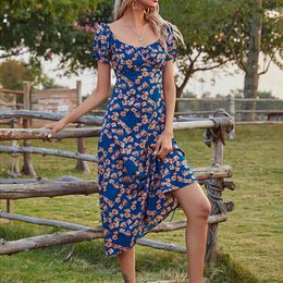 Vintage dress puff sleeve print stitching loose beach boho for womens long casual maxi Dress vintage vestido 210514