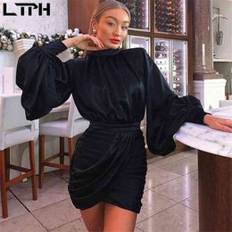 Autumn new women dress Solid Lantern sleeves high collar Sexy bag hip waist pleated slim wild Straight mini dresses 210409