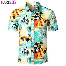 Fashion Hawaii Shirt Men Summer Short Sleeve Cotton/Polyester Palm Tree Printed Beach Wear Holiday Aloha Shirts Camisa Hombre 5X 210522