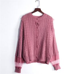 Women White Cardigans Hollow Out Lace Knit Jumpers Pink Sweater Button Up Stitch Sexy 210430
