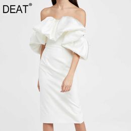 [DEAT] Women Whiite Temperament Elegant Card Shoulder High Waist Knee-length Dress Summer Fashion 13D116 210527