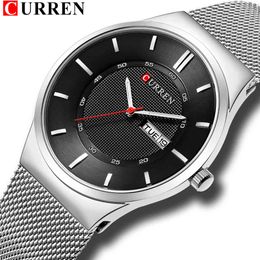 Men Watches Simple Style Stainless Steel Mesh Wristwatch Curren New Quartz Male Clock with Week and Date Reloj Waterproof Hombre Q0524