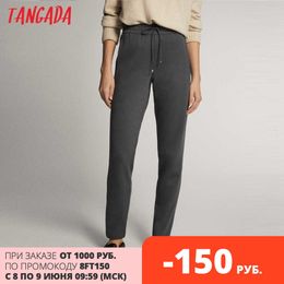 Tangada women dark gray pants cargo strethy waist pants trousers joggers female sweatpants 6D80 210609