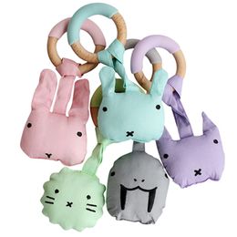 Wood Plush Rattle Teether Toy Baby Teething Rings Soft Cotton Bear Bunny Shape Plush Toy Natural Wood Ring