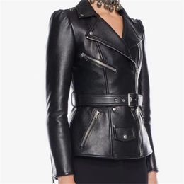 EXCELLENT QUALITY est Stylish Runway Designer Jacket Women's Lacing Belt Removable Zippers Synthetic Leather Coat 210521