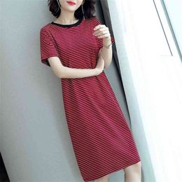 Summer Women Dresses Casual Short Sleeve O-Neck Striped Plus Size Loose Straight Tshirt Female Solid Midi Cotton 210522