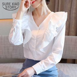 Autumn Fashion Buckle All-match Chiffon Blouse Long Sleeve V-neck Ruffle Blouse Women French Elegant Solid Colour Tops 11129 210528