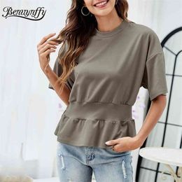 Mock Neck Solid Peplum Tops Blouses Fashion Women Summer Drop Short Sleeve OL Female Casual Tunic Blouse 210510