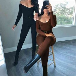 OMSJ Solid Color Sexy Streetwear Jumpsuit Ladies Long Sleeve Bodycon U Neck Rompers Overalls For Women 3 Colors Fall Winter 210517