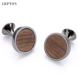 Round Wood Cufflinks hedgehog sandalwood Cuff Links Wedding Lepton Best Men's Presents and Gifts for Men With Gift Box