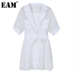 [EAM] Women Black Casual Spliced Pocket Sashes Two Piece Dress Lapel Short Sleeve Loose Fashion Spring Summer 1DD8540 21512