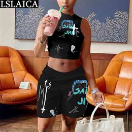 Women Two Piece Outfits Black Graffiti Print Sleeveless T-shirt&short Pants Women's Summer Pieces Set Plus Size Fitness 210515