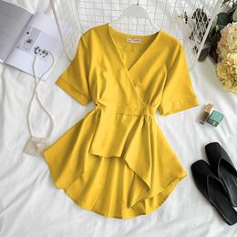 Summer Women's Shirt Korean Fashion Solid Color V-neck Short Sleeve Ruffled Shirt Womens Tops and Blouses GD471 210721
