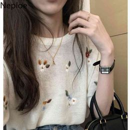 Neploe Embroidery Shirts for Women Summer Loose Knitted T Shirt Thin Sunscreen Tees O Neck Short Sleeve Casual Tops 4i506 210422