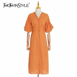 Summer Vintage Solid Women Dress V Neck Puff Sleeve High Waist Button Hollow Out Midi Dresses Female Fashion 210520