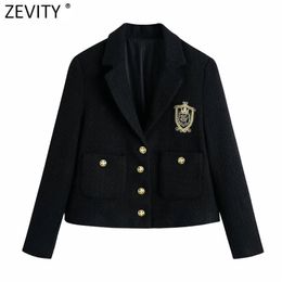 Women England Style Badge Patch Breasted Woollen Blazer Coat Vintage Long Sleeve Pockets Female Outerwear Chic Tops CT663 210416