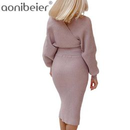 Winter Autumn Two Piece V-Neck Sweater Set Women Solid Colour Long Sleeves Skirt Casual Suit Wrap Dress 210604