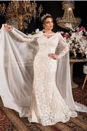 Vintage Crochet Lace Mermaid Wedding Dresses with Chiffon Cape 2022 Long Sleeve Aso Ebi African Bridal Gown Robe De Mariage