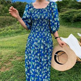 Sweet Robe Female Vintage Floral Print Blue Maxi Dresses Summer Short Sleeve Women Chic Long Vestidos 210519