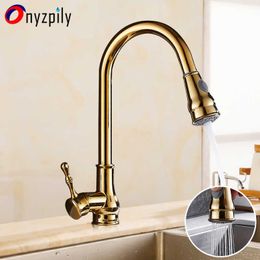 Modern Luxury Brass Gold Kitchen Faucet Rotatable Mixer Pull Out Sink Tap Single Sharp Handle Single Hole &Cold Water 210724