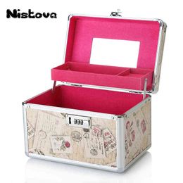 Nxy Cosmetic Bags Professional Aluminium Women Makeup Box Password Lock Case Portable Travel Jewelry with Mirror Beauty 220303