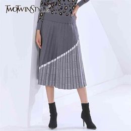 Patchwork Plaid Midi Skirt For Female High Waist Pleated Elegant Oversized Mid Skirts Women Autumn Fashion 210521