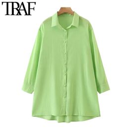 TRAF Women Fashion Bright Colour Loose Asymmetry Blouses Vintage Long Sleeve Button-up Female Shirts Blusas Chic Tops 210415